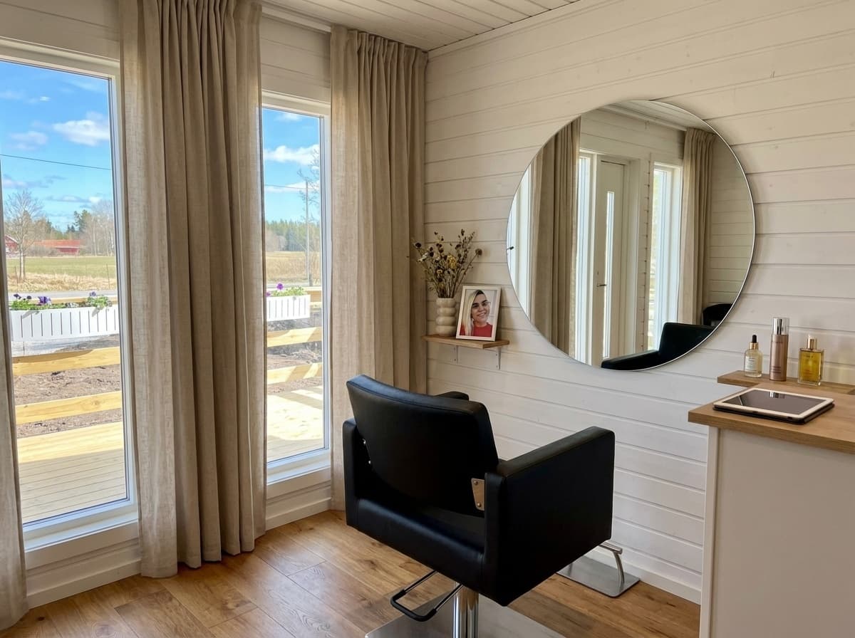 Frisörstol med spegel och växter