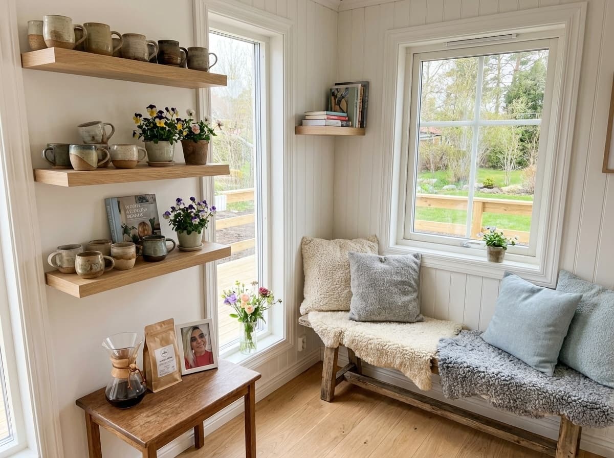 Salongens fikahörna med keramik och fårskinn